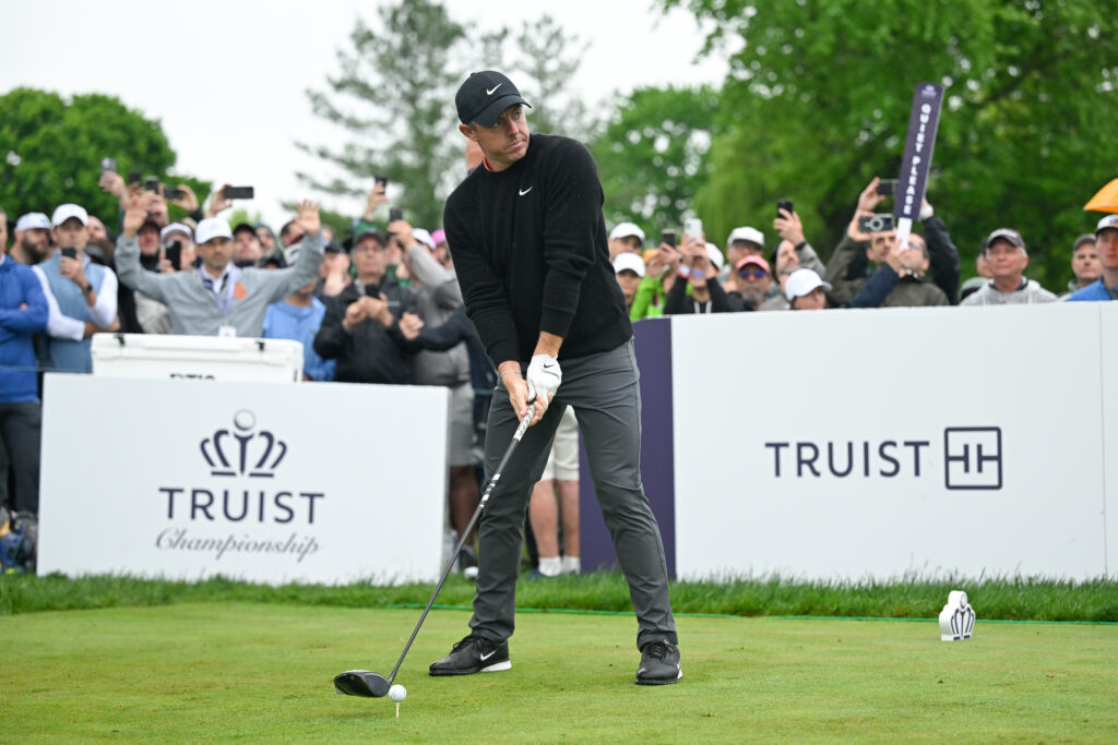 Rory McIlroy prepares to hit a drive during the second round of the Truist Championship