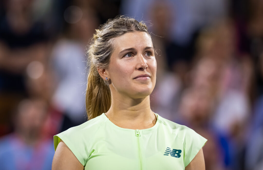 Eugenie Bouchard looks on during her reitrement ceremony at the 2025 Canadian Open.