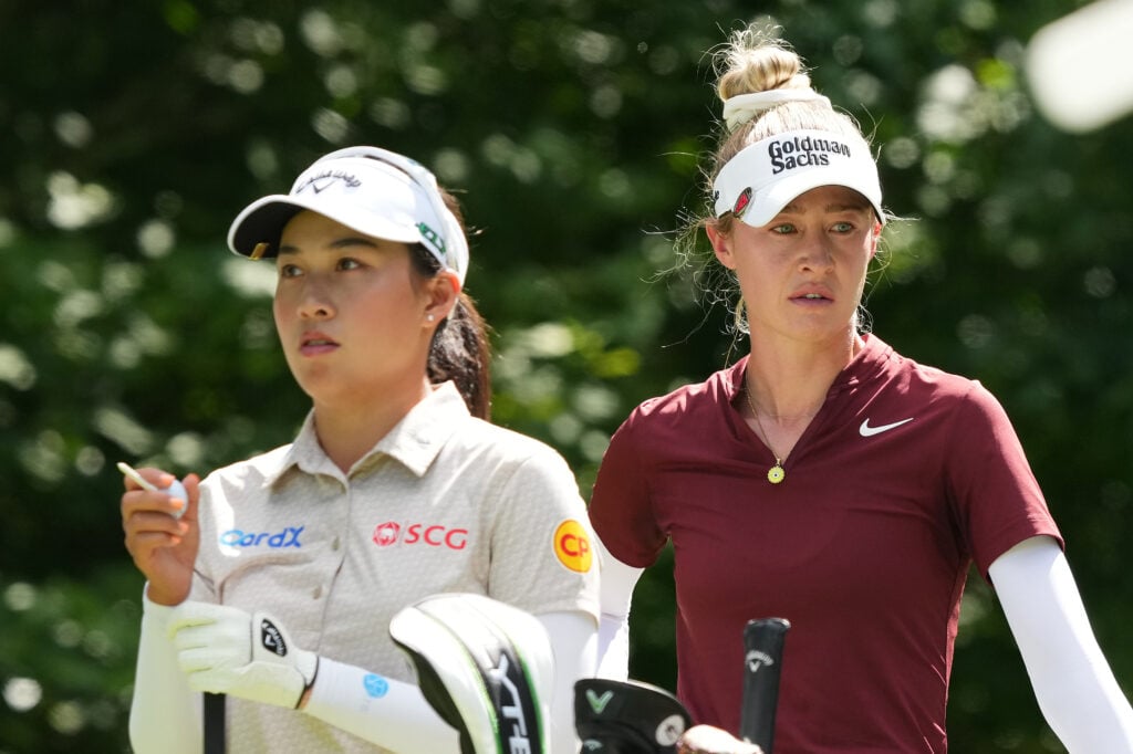 Nelly Korda and Jeeno Thitikul wait on the tee during the third round of the FM Championship