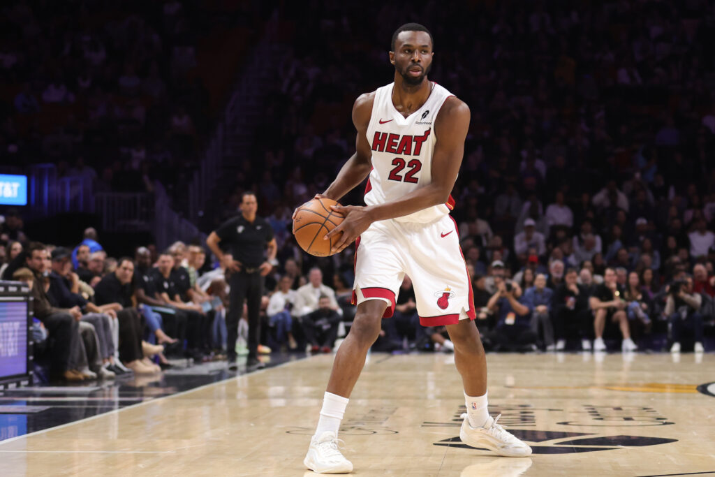 Andrew Wiggins #22 of the Miami Heat dribbles the ball against the Cleveland Cavaliers during the second quarter of the game at Kaseya Center.