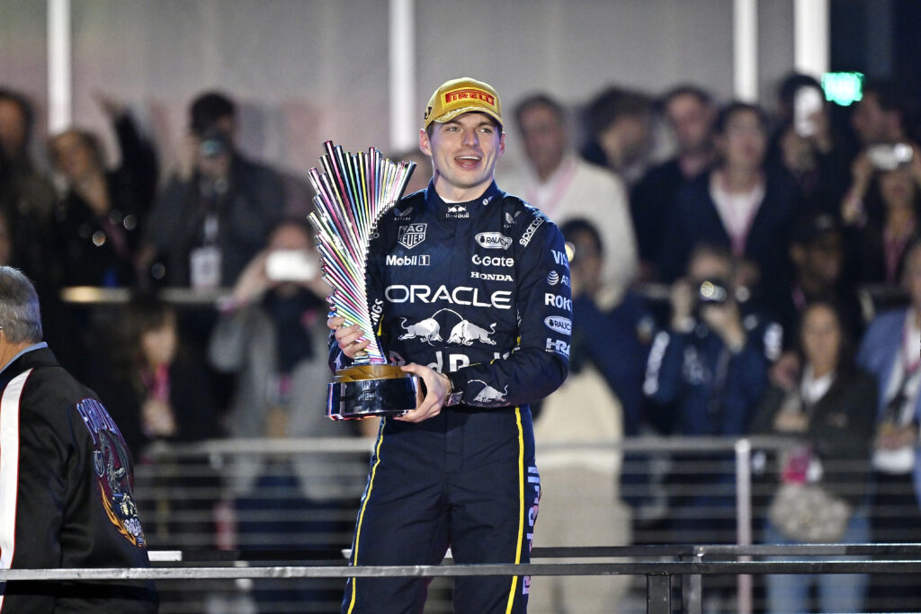 Max Verstappen of Red Bull celebrates victory at the 2025 Las Vegas Grand Prix