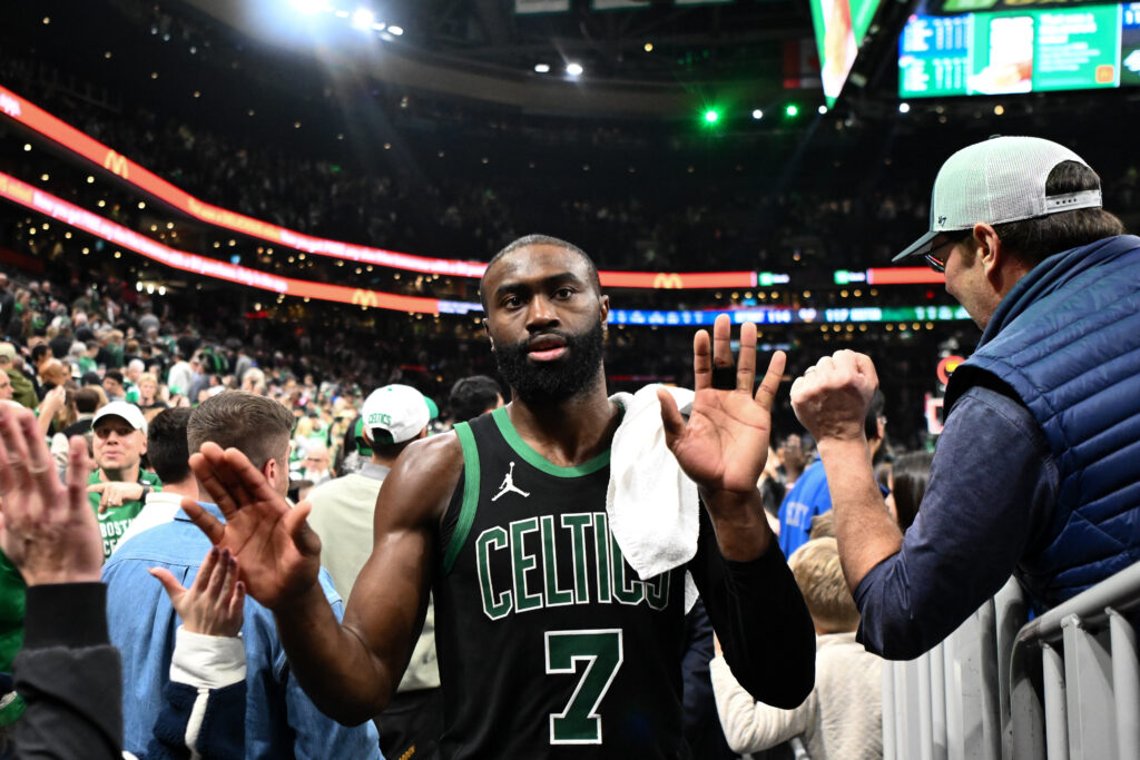 Jaylen Brown #7 of the Boston Celtics walks off of the court after the game against the Detroit Pistons during the second half at the TD Garden.