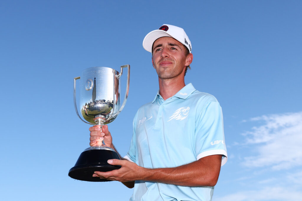 David Puig celebrates winning the Australian PGA Championship