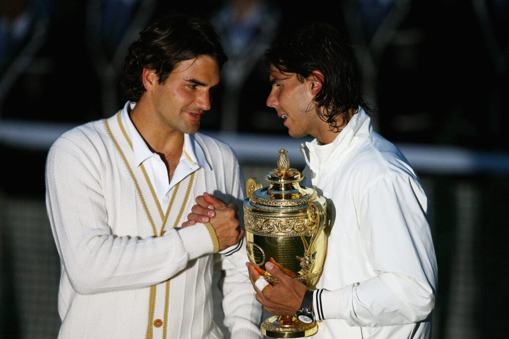 Rafael Nadal shakes hands with Roger Federer after winning the 2008 Wimbledon title