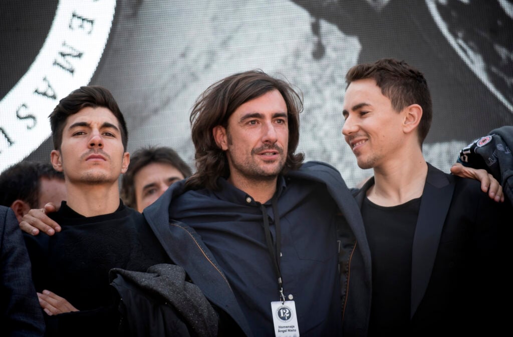 Maverick Vinales and Jorge Lorenzo during the Funeral Tribute For Angel Nieto in Madrid on September 16, 2017