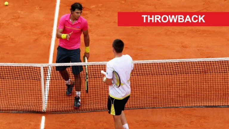 Image of Rafael Nadal and Robin Soderling going to shake hands after their match at the 2009 French Open