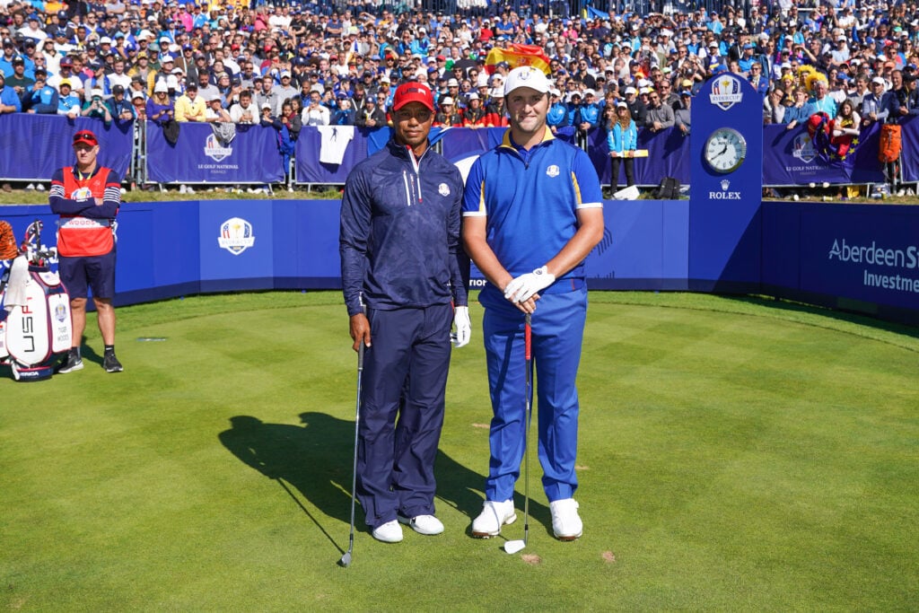 Tiger Woods of the United States and Jon Rahm of Spain during singles matches of the 2018 Ryder Cup at Le Golf National on September 30, 2018 in Paris.