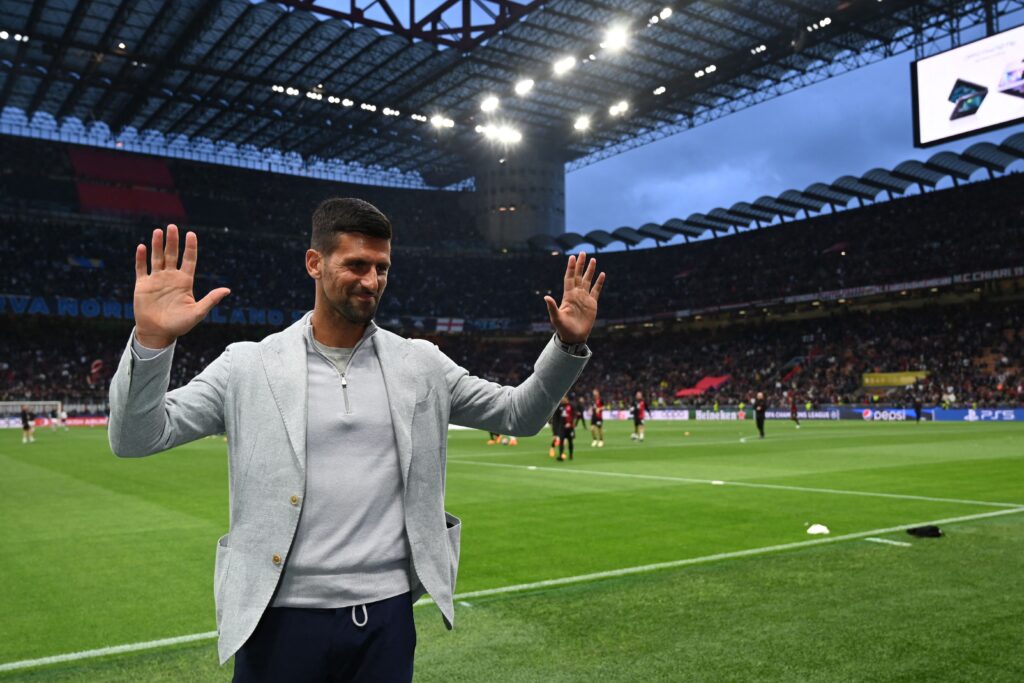 Serbia's tennis player Novak Djokovic attends the UEFA Champions League semi-final first leg football match between AC Milan and Inter Milan, on May 10, 2023 at the San Siro stadium in Milan.