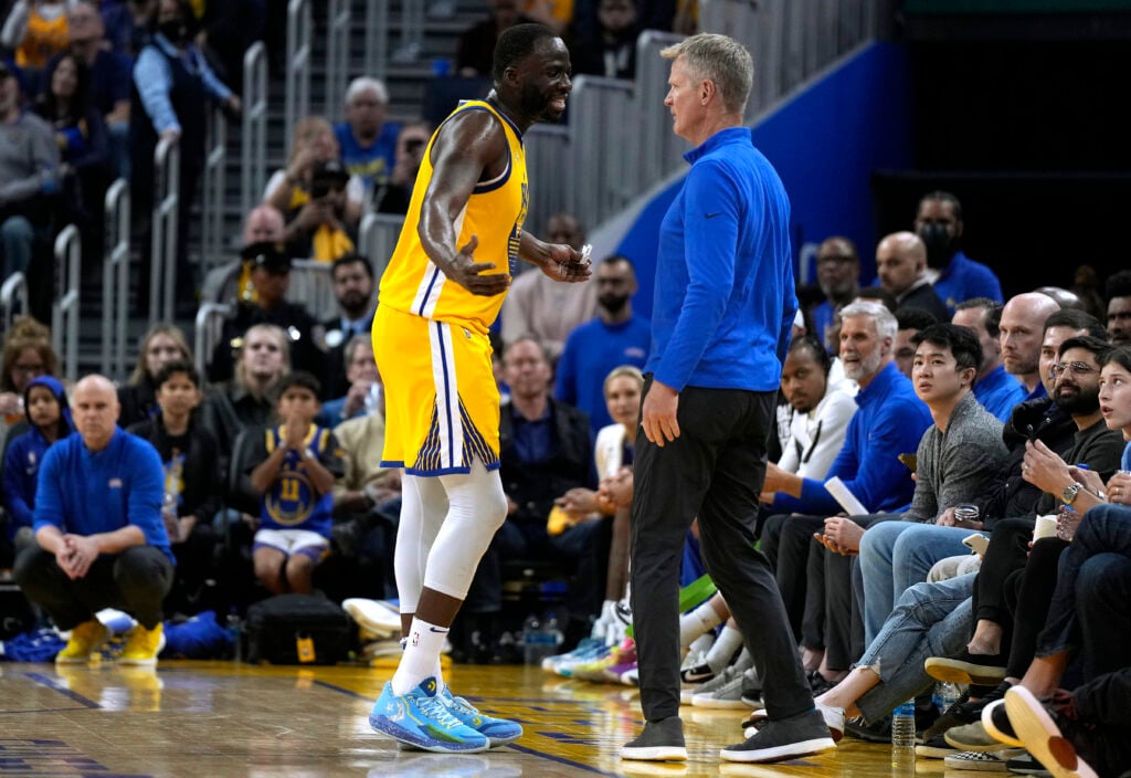 Draymond Green #23 and head coach Steve Kerr of the Golden State Warriors reacts when Green was ejected from the game after receiving his second technical foul against the San Antonio Spurs in the second half at Chase Center on March 20, 2022 in San Francisco, California.