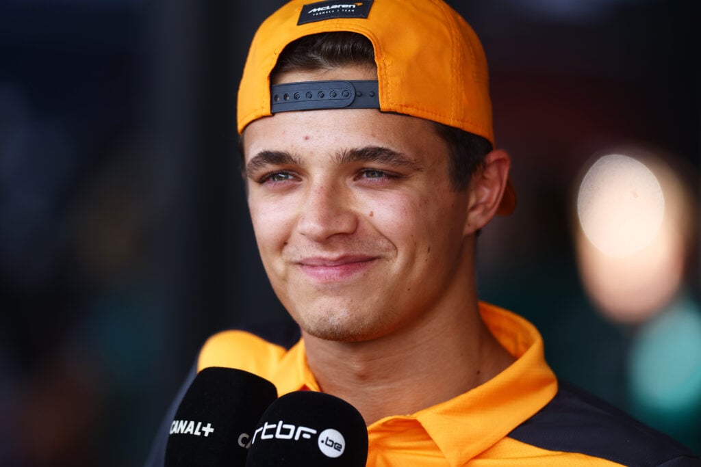 Lando Norris speaks to the media during the 2022 Hungarian Grand Prix