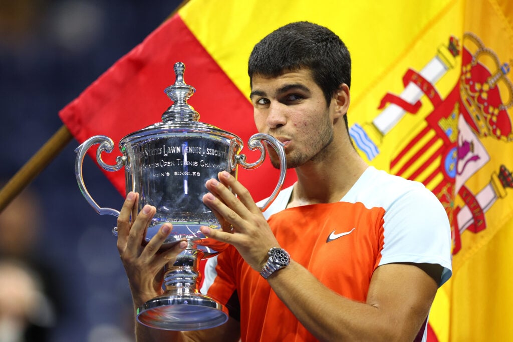 Carlos Alcaraz celebrates with the trophy after winning the 2022 US Open