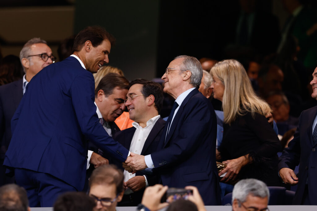 Rafael Nadal saludates to Florentino Perez, President of Real Madrid, during the La Liga EA Sports match between Real Madrid and Real Sociedad at Santiago Bernabeu stadium on September 17, 2023, in Madrid, Spain.