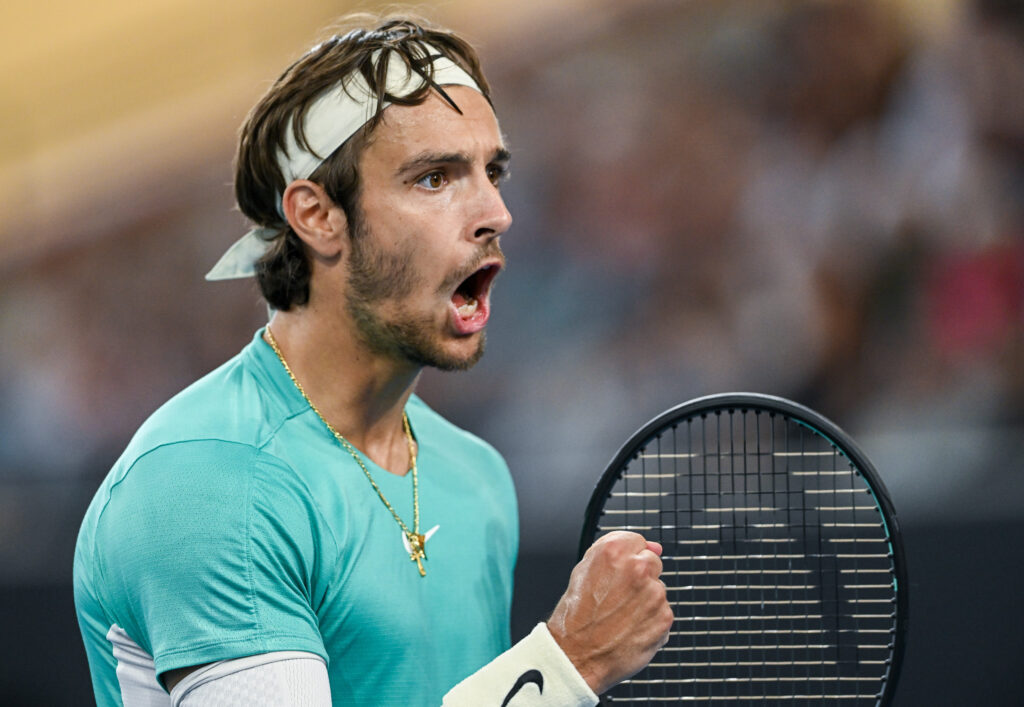 Lorenzo Musetti of Italy celebrates winning the match in his match against Jordan Thompson of Australia during day three of the 2024 Adelaide International at Memorial Drive on January 10, 2024 in Adelaide, Australia