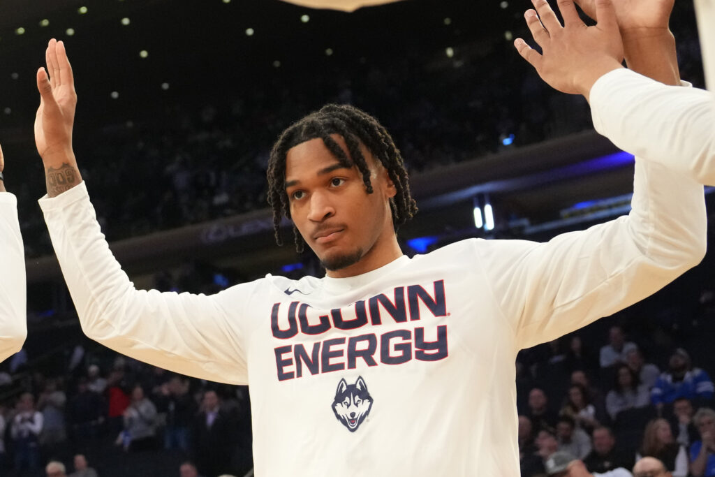 Stephon Castle #5 of the Connecticut Huskies is introduced before the Quarterfinals of the Big East Basketball Tournament against the Xavier Musketeers at Madison Square Garden.