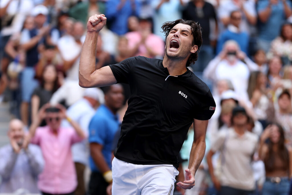 Taylor Fritz of the United States celebrates after defeating Alexander Zverev of Germany during their Men's Singles Quarterfinal match on Day Nine of the 2024 US Open at USTA Billie Jean King National Tennis Center on September 03, 2024 in the Flushing neighborhood of the Queens borough of New York City.