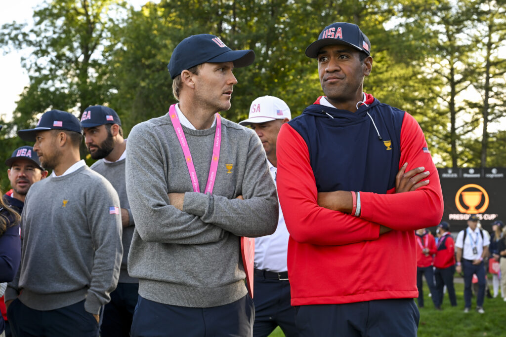 Tony Finau with Russell Henley during the 2024 Presidents Cup at The Royal Montreal Golf Club