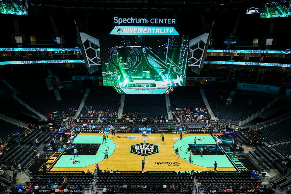 A general view of the court before a basketball game between the Charlotte Hornets and the Milwaukee Bucks at Spectrum Center.