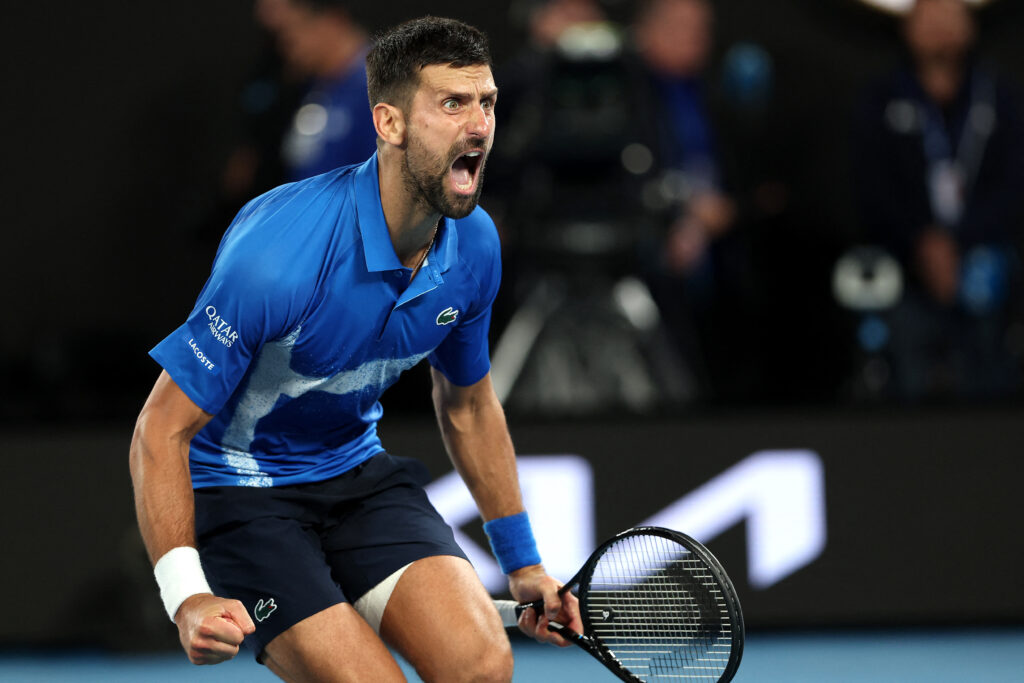 Novak Djokovic celebrates his win over Carlos Alcaraz at the 2025 Australian Open