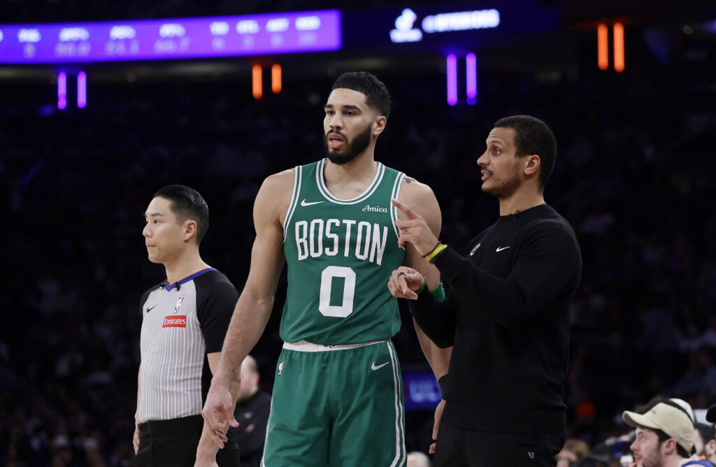 (NEW YORK DAILIES OUT) Jayson Tatum #0 and head coach Joe Mazzulla of the Boston Celtics in action against the New York Knicks at Madison Square Garden