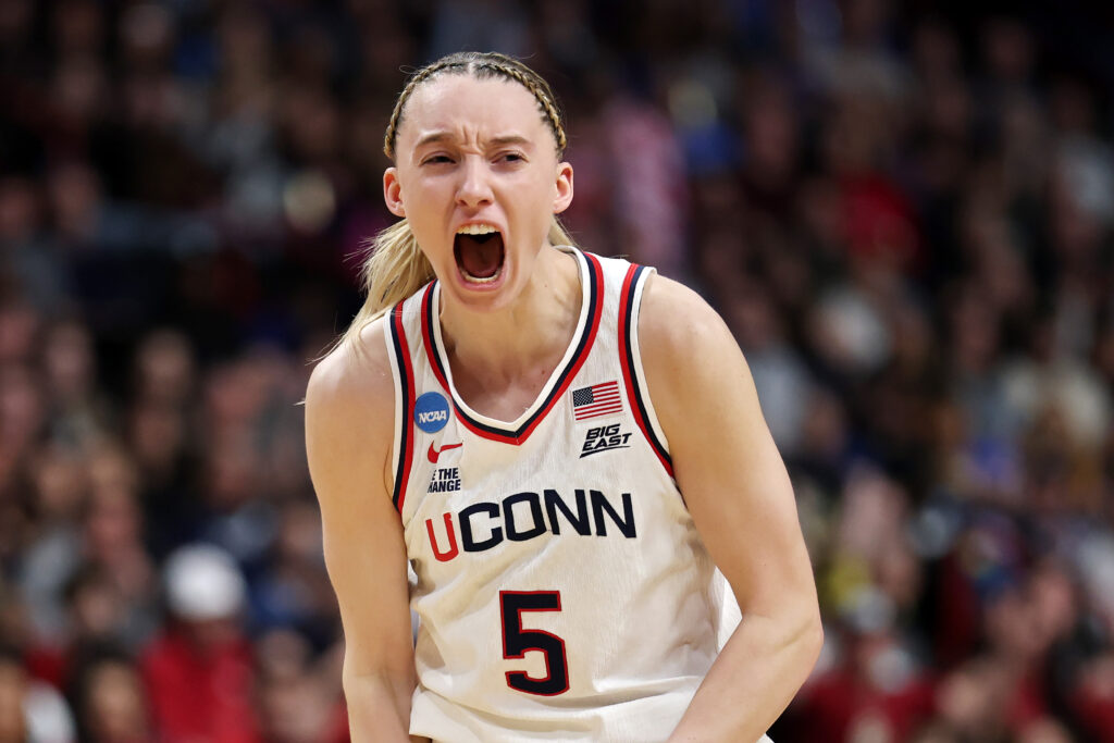 Paige Bueckers reacts during basketball match against Oklahoma Sooners.