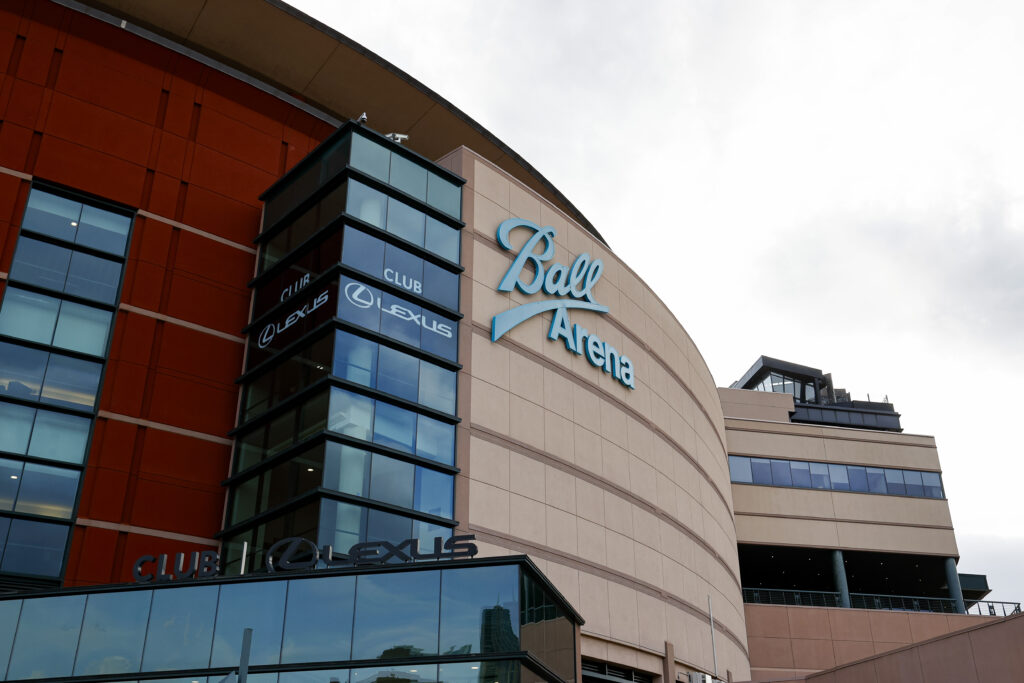 A general exterior view of Ball Arena.