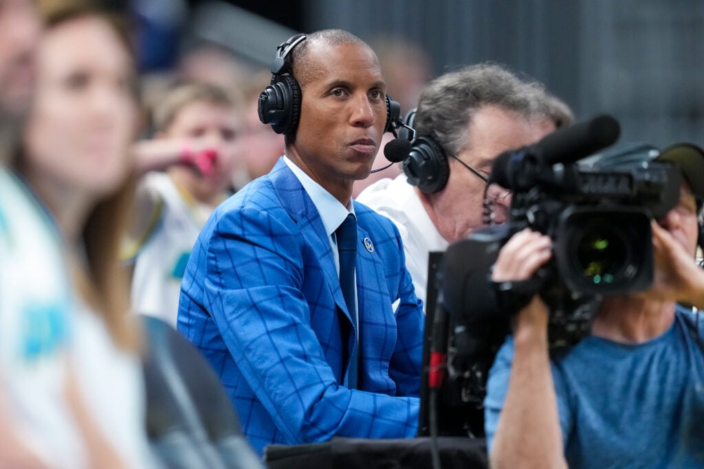 Former NBA player and TNT commentator Reggie Miller looks on during the game between the Cleveland Cavaliers and the Indiana Pacers at Gainbridge Fieldhouse.