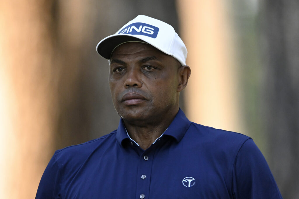 Charles Barkley stands in the second tee box during the first round of the American Century Championship at Edgewood Tahoe Golf Course.