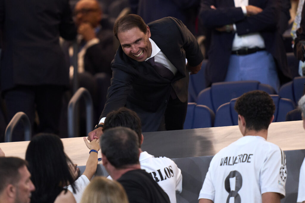 Rafael Nadal salutes prior the game the LaLiga EA Sports match between Real Madrid CF and Villarreal CF at Estadio Santiago Bernabeu on October 04, 2025 in Madrid, Spain.