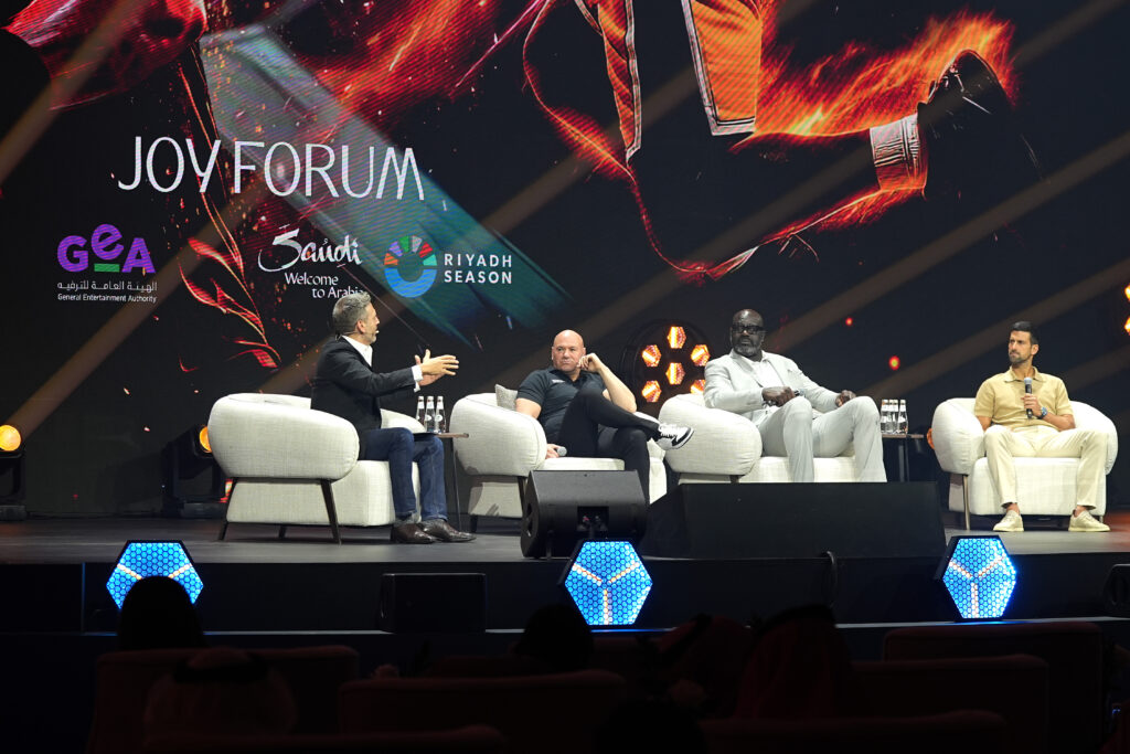 Shaquille O'Neal, Novak Djokovic, and Dana White pictured together at the 2025 Joy Forum