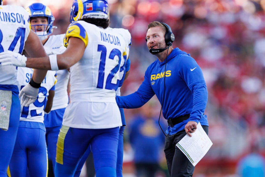 Los Angeles Rams head coach Sean McVay interacts with Puka Nacua #12 during the fourth quarter of an NFL football game against the San Francisco 49ers at Levi's Stadium on November 09, 2025 in Santa Clara, California.