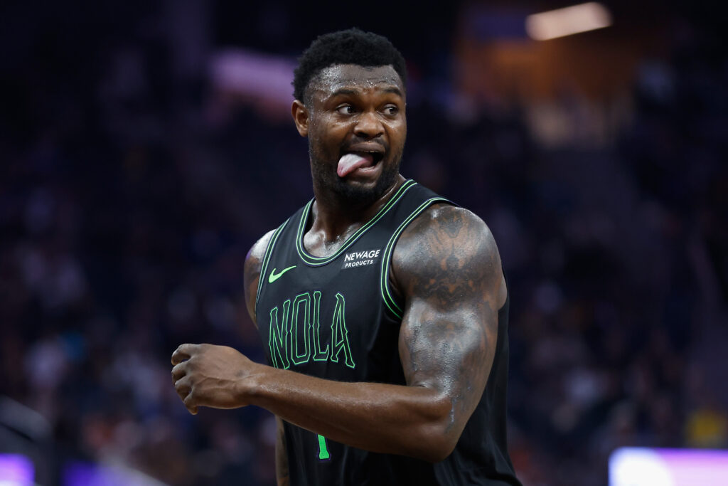 Zion Williamson #1 of the New Orleans Pelicans looks on during the game against the Golden State Warriors at Chase Center