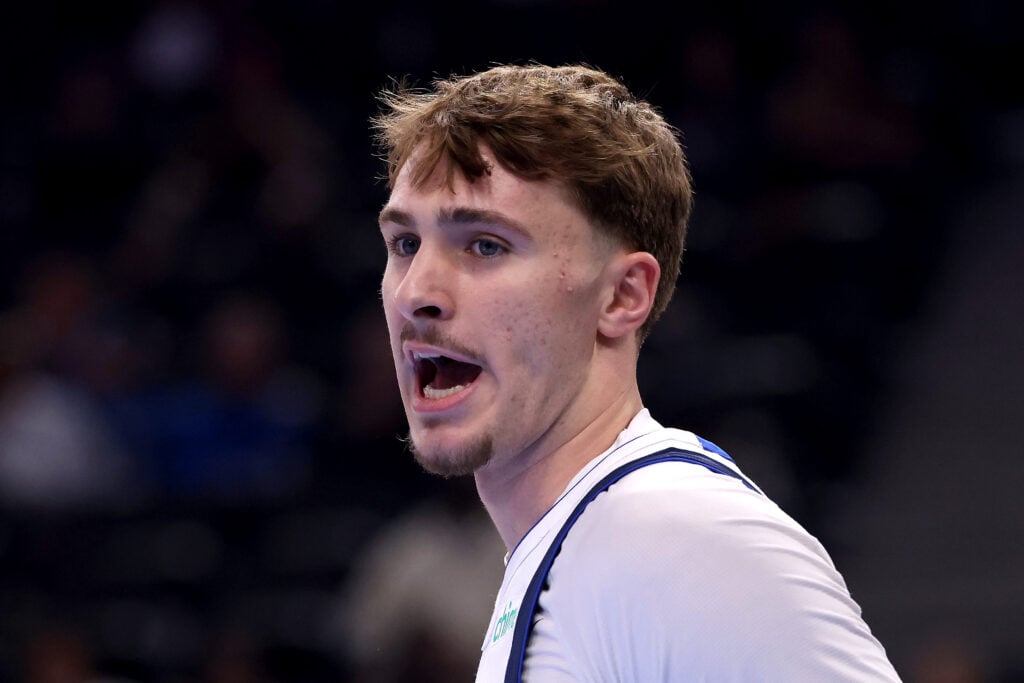 Cooper Flagg #32 of the Dallas Mavericks reacts to a play during the first quarter against the Los Angeles Clippers at Intuit Dome.