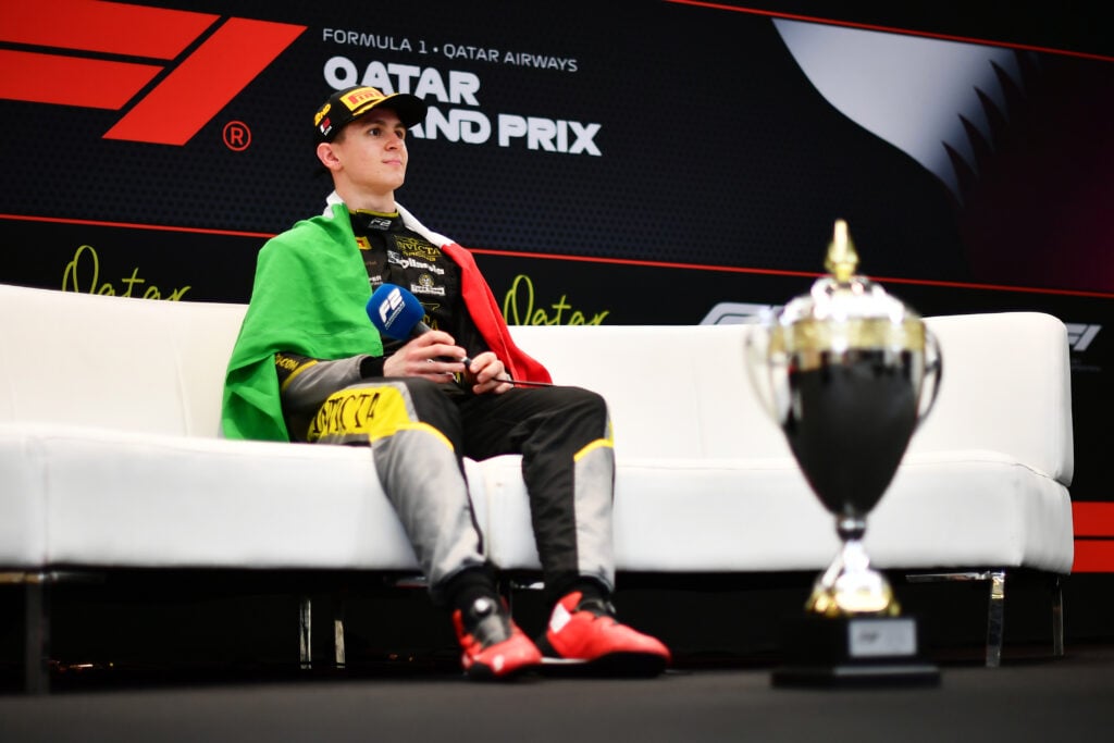Leonardo Fornaroli speaks in a press conference after winning the 2025 Formula 2 title in Qatar
