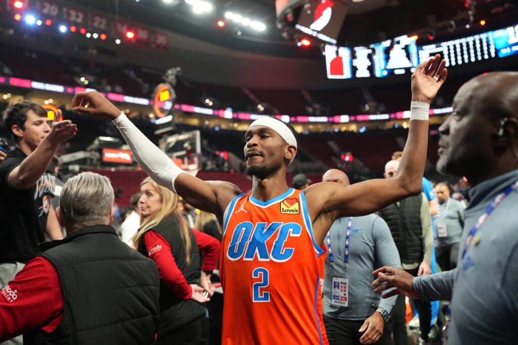 Shai Gilgeous-Alexander #2 of the Oklahoma City Thunder leaves the court following a win over the Portland Trail Blazers at Moda Center on November 30, 2025 in Portland, Oregon.