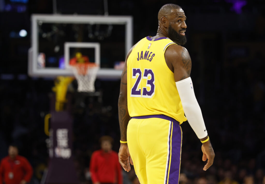 LeBron James #23 of the Los Angeles Lakers on court against the Phoenix Suns at Crypto.com Arena.
