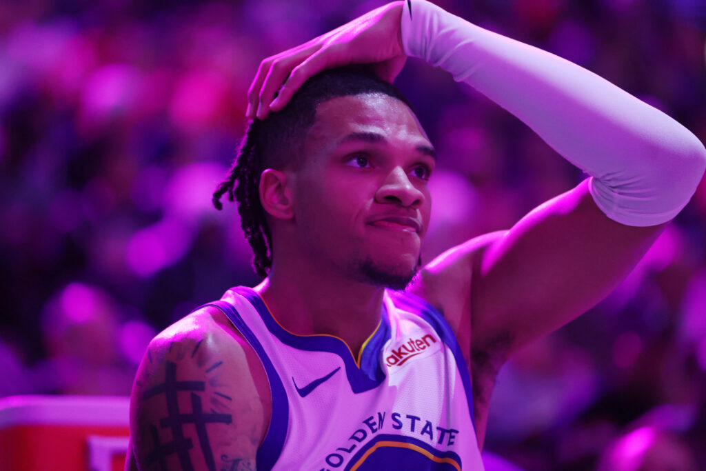 Will Richard #3 of the Golden State Warriors looks on against the Chicago Bulls at the United Center on December 7, 2025 in Chicago, Illinois.