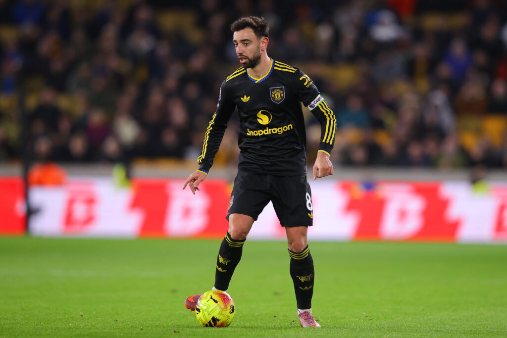 Bruno Fernandes of Manchester United dribbles during the Premier League match against Wolverhampton Wanderers.