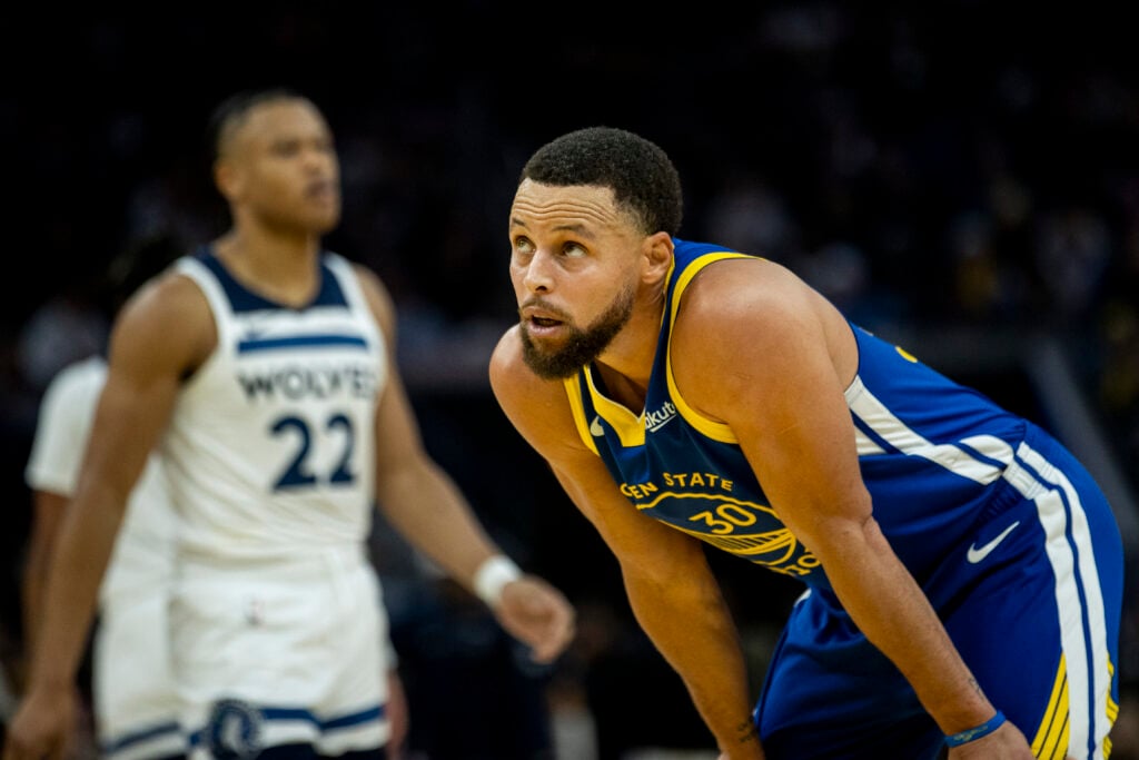 Golden State Warriors guard Stephen Curry (30) looks up during the second half of their NBA basketball game at Chase Center.