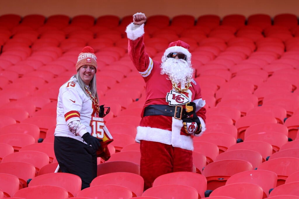 A Kansas City Chiefs fan is dressed as Santa Claus before an NFL game between the Los Angeles Chargers and Kansas City Chiefs on December 14, 2025 at GEHA Field at Arrowhead Stadium in Kansas City, MO.