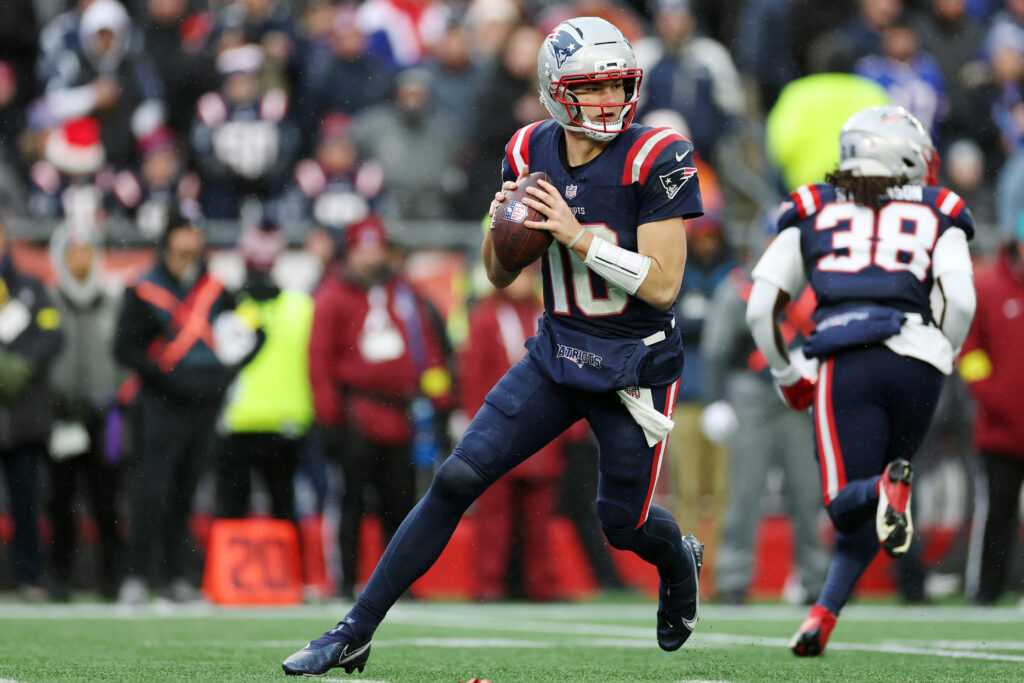 Drake Maye #10 of the New England Patriots in action against the Buffalo Bills