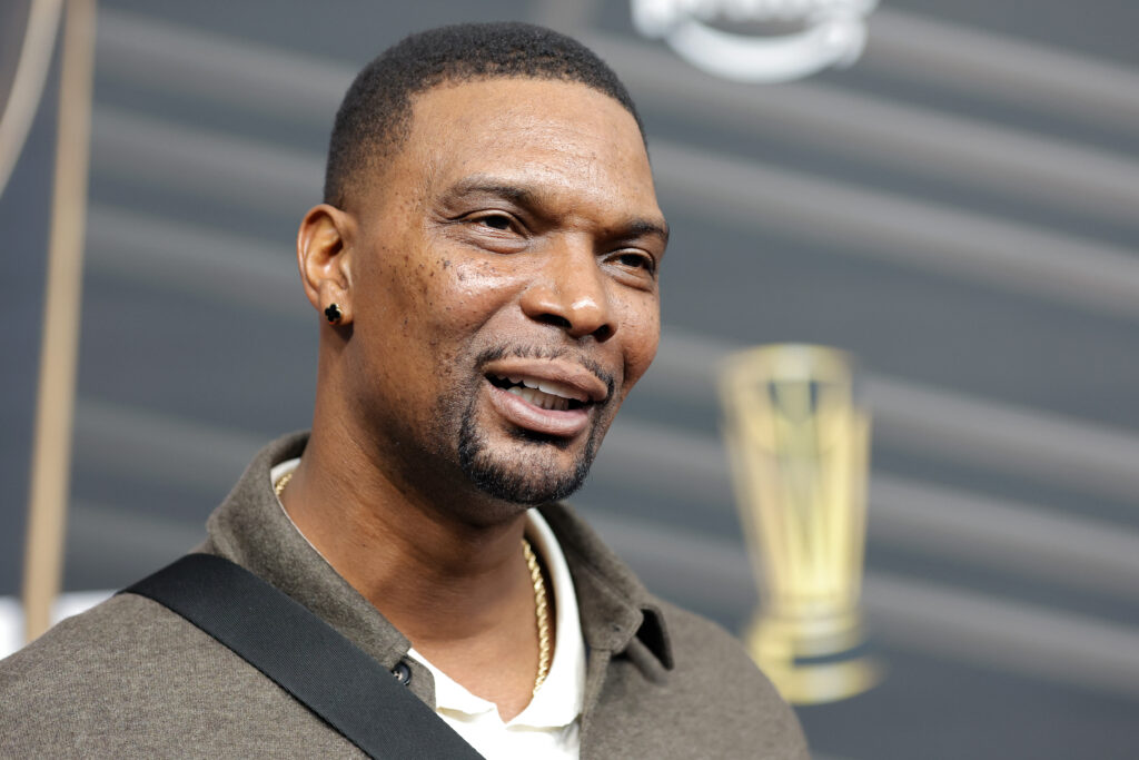Chris Bosh arrives at the championship game of the Emirates NBA Cup between the San Antonio Spurs and the New York Knicks at T-Mobile Arena.