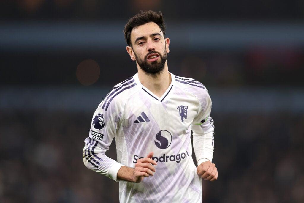 Bruno Fernandes of Manchester United looks on during the Premier League match between Aston Villa and Manchester United at Villa Park.