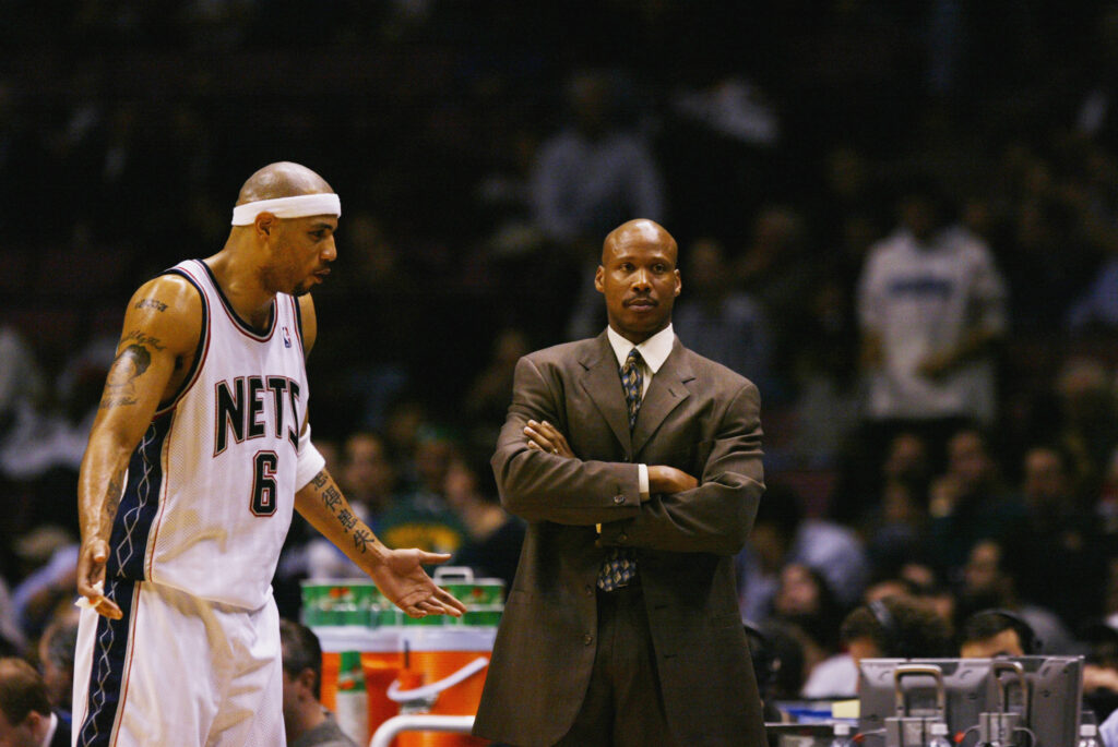 Kenyon Martin #6 of the New Jersey Nets pleads his case with his head coach Byron Scott during the game against the New Orleans Hornets at the Continental Airlines Arena.