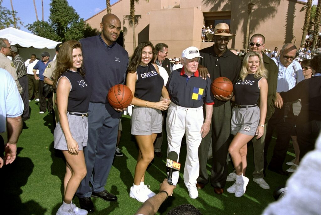 Charles Barkley and Michael Jordan pose with Bob Hope during the USPGA Tour Bob Hope Chrysler Classic at the Bermuda Country Club in La Quinta.