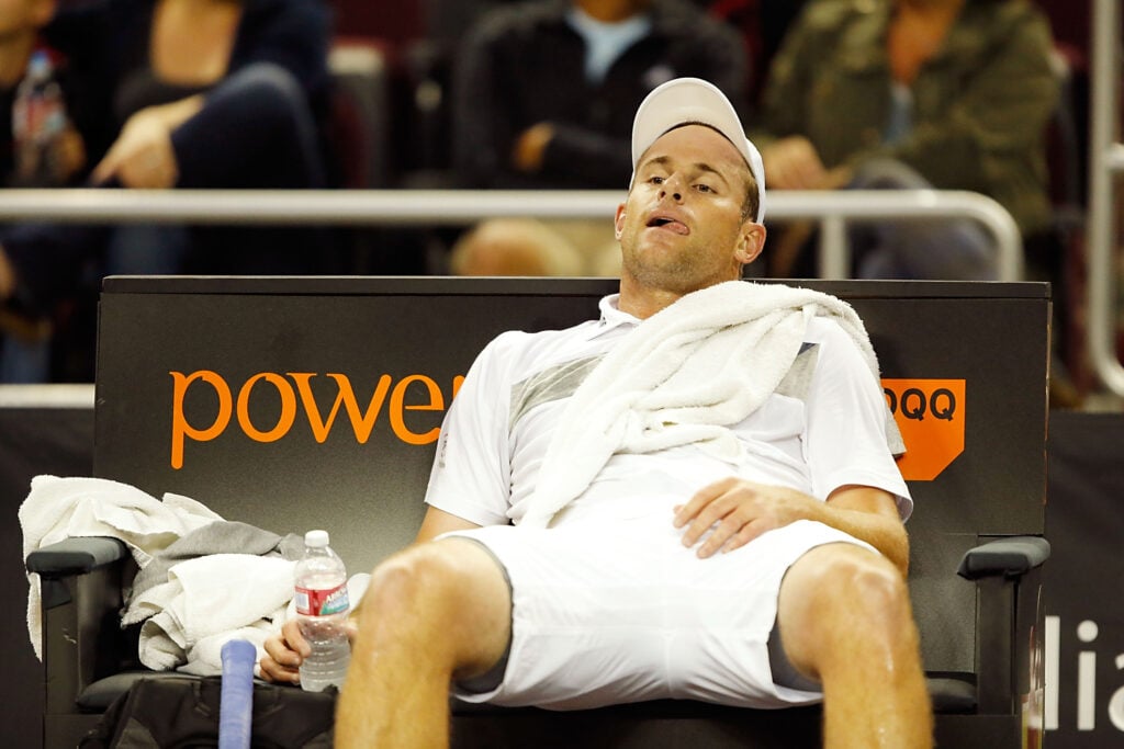 Andy Roddick reacts during his match with James Blake in 2015