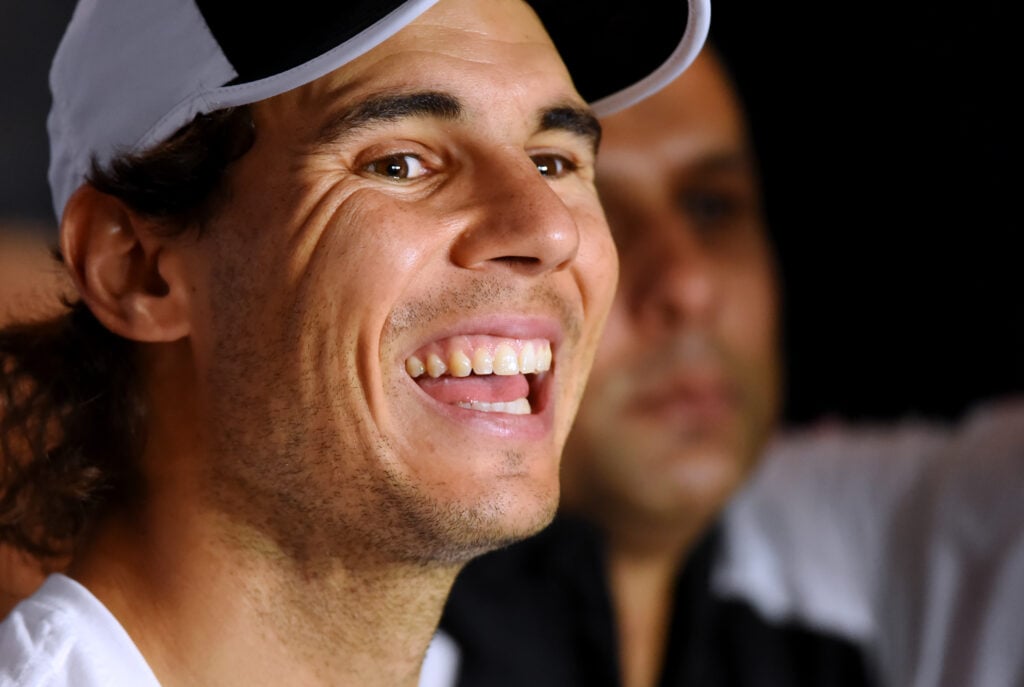 Rafael Nadal is pictured laughing during a press conference in 2015