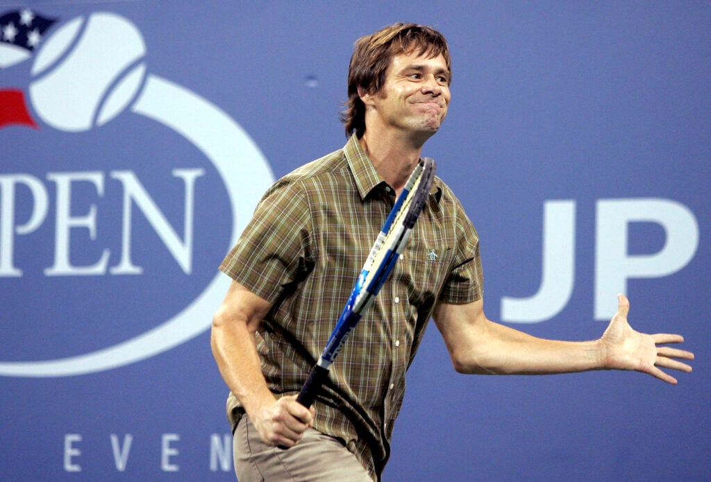 Jim Carrey plays tennis at the US Open