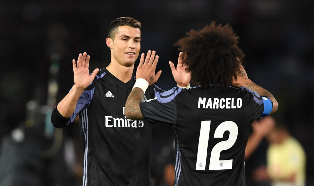 Cristiano Ronaldo of Real Madrid celebrates with Marcelo of Real Madrid during the FIFA Club World Cup Semi Final match between Club America and Real Madrid at International Stadium Yokohama.