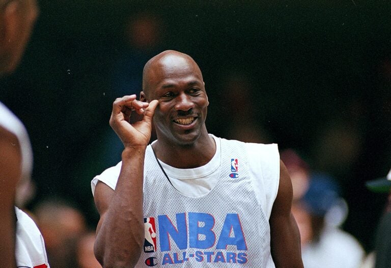9 Feb 1997: Michael Jordan #23 of the Chicago Bulls smiles on the court during the NBA All-Star Practice at the Gund Arena in Cleveland, Ohio.The E...