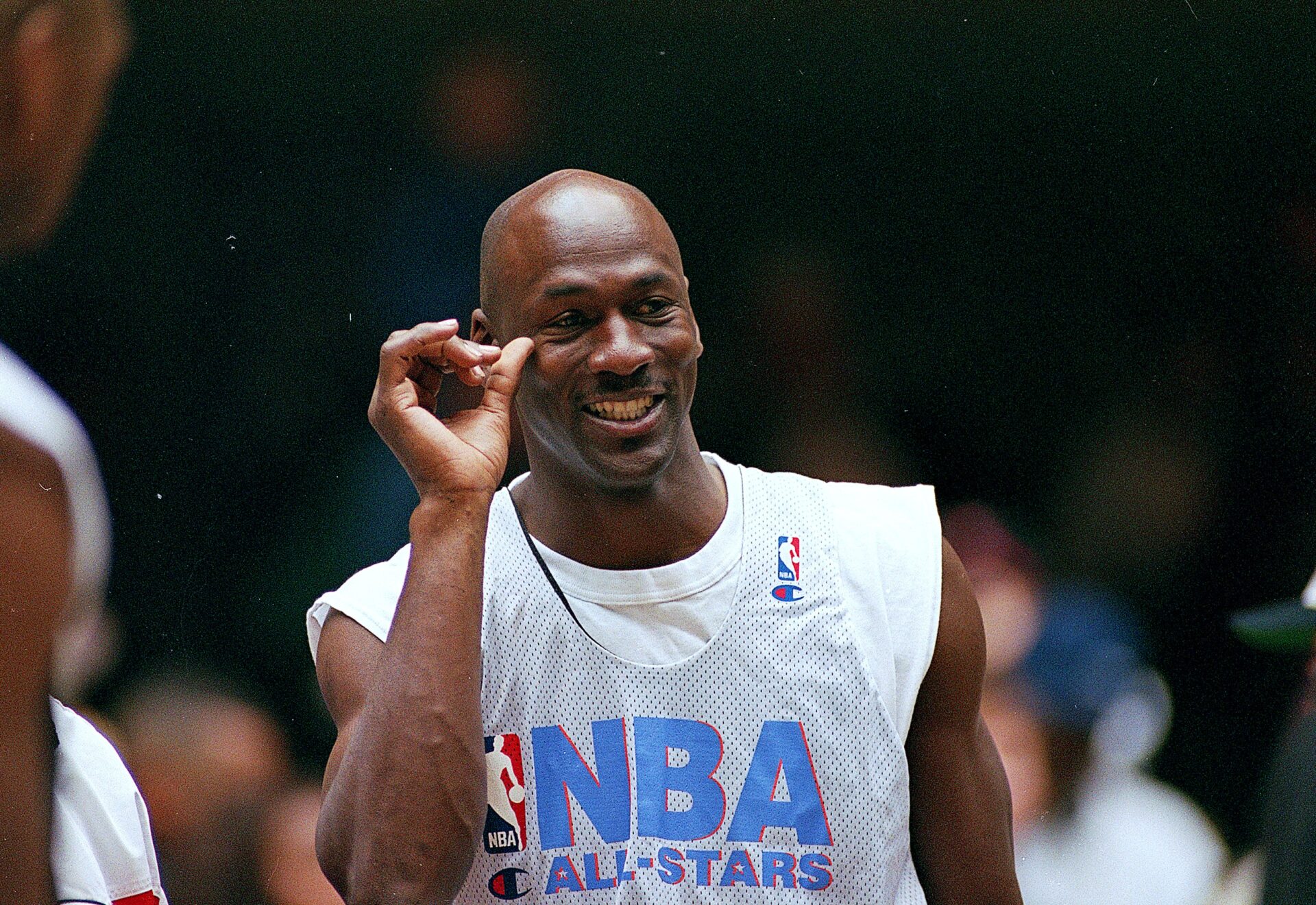 9 Feb 1997: Michael Jordan #23 of the Chicago Bulls smiles on the court during the NBA All-Star Practice at the Gund Arena in Cleveland, Ohio.The E...